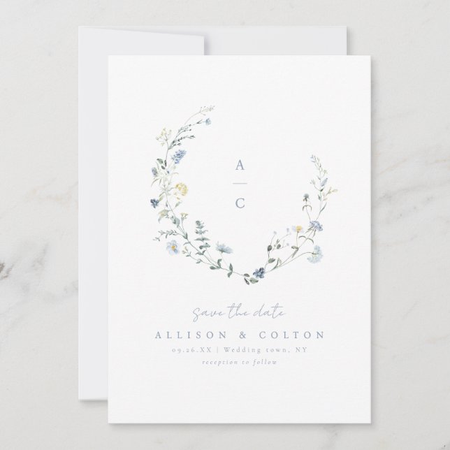 Dusty Blue Wildflower Rustic Boho Wedding monogram Save The Date (Front)
