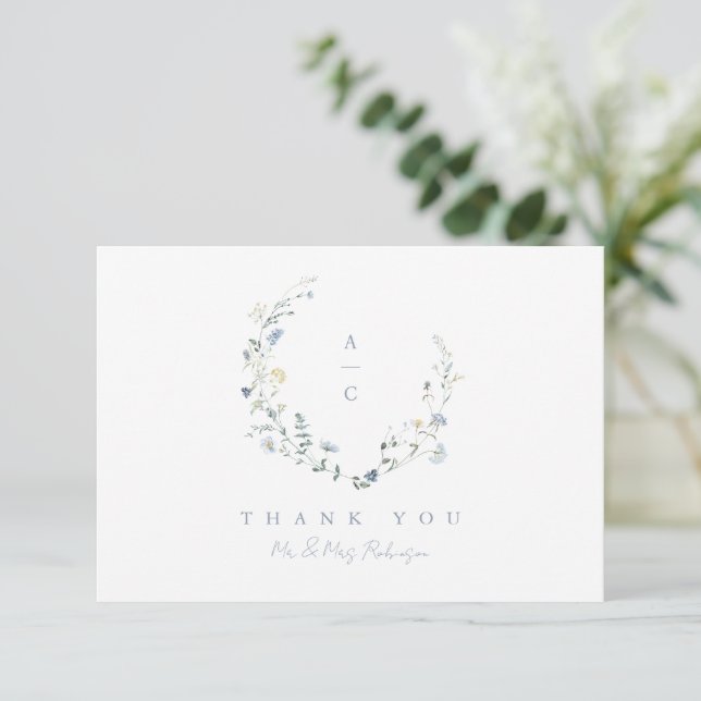 Dusty Blue Wildflower Rustic Boho Wedding monogram Thank You Card (Standing Front)