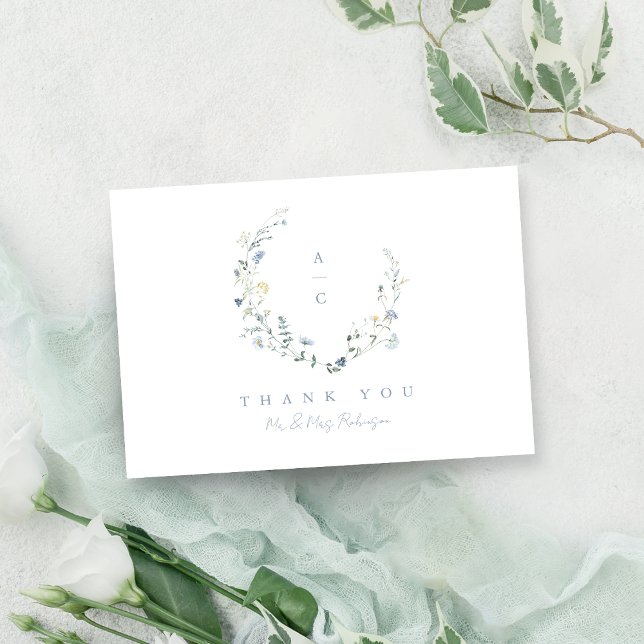 Dusty Blue Wildflower Rustic Boho Wedding monogram Thank You Card (Dusty Blue Wildflower Rustic Boho Wedding monogram Thank You Card)