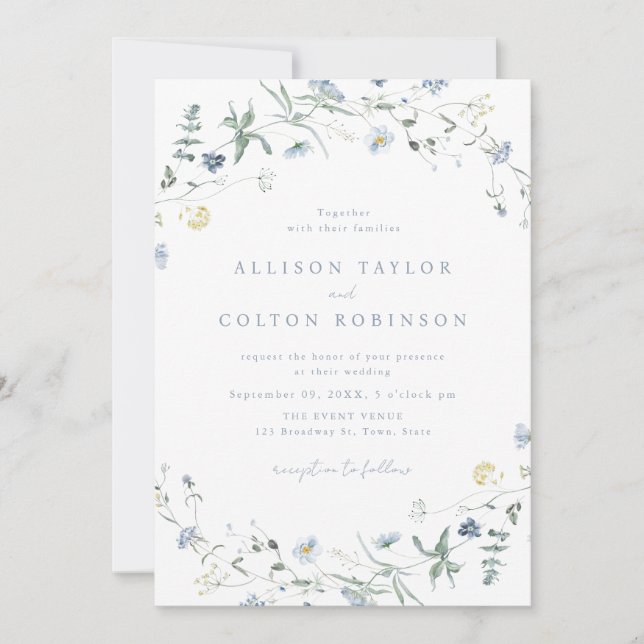 Dusty Blue Wildflower Rustic Boho Wedding Photo Invitation (Front)