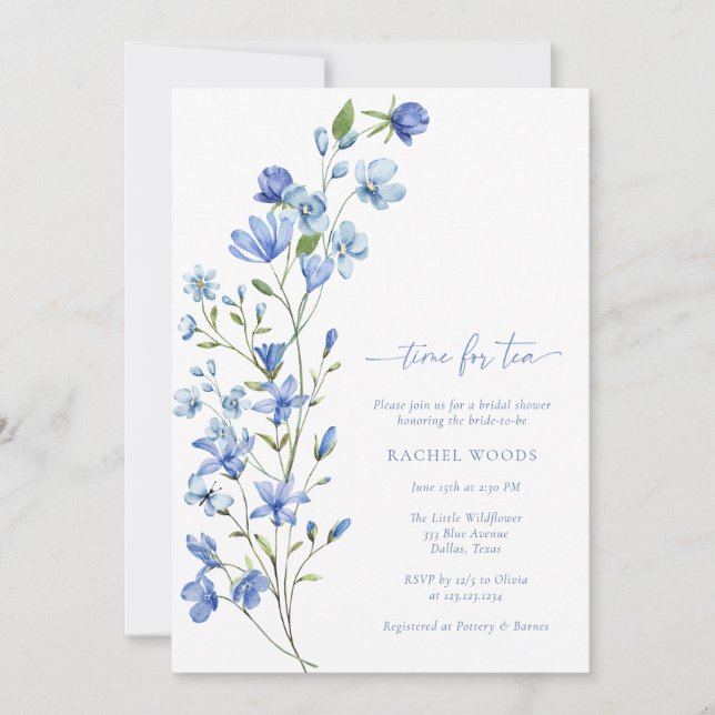 Dusty Blue Wildflower Time For Tea Bridal Shower Invitation (Front)