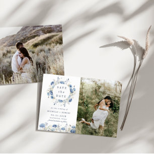Dusty Blue Wildflower two Photo Save The Date Invitation