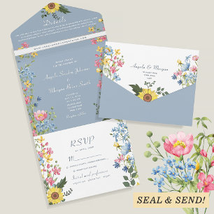 Dusty Blue Wildflower Wedding All In One Invitation