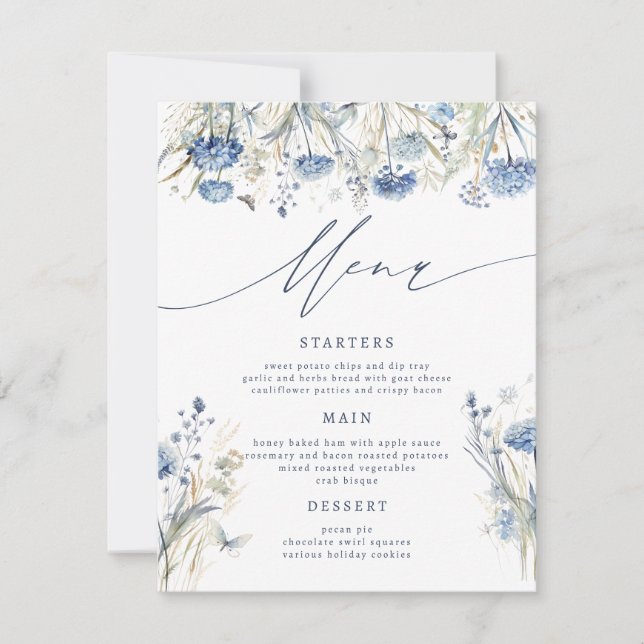 Dusty Blue Wildflower Wedding Menu Card (Front)