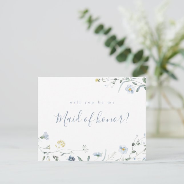 Dusty Blue Wildflower will you be my maid of honou Invitation (Standing Front)