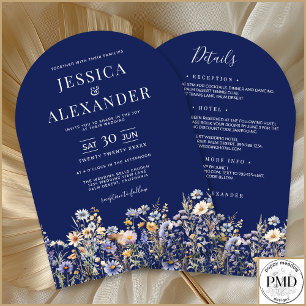 Dusty Blue Wildflowers All In One Navy Wedding Invitation
