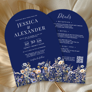 Dusty Blue Wildflowers All In One QR Navy Wedding Invitation
