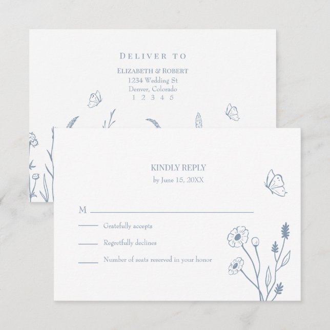 Dusty Blue Wildflowers and Butterfiles RSVP Card (Front/Back)