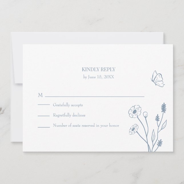 Dusty Blue Wildflowers and Butterfiles RSVP Card (Front)