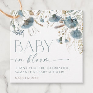 Dusty blue wildflowers baby in bloom boy shower favour tags