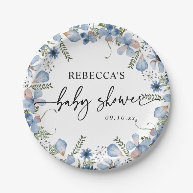 Dusty Blue Wildflowers Baby Shower Paper Plates  (Front)