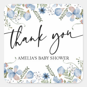 Dusty Blue Wildflowers Baby Shower Thank You Square Sticker