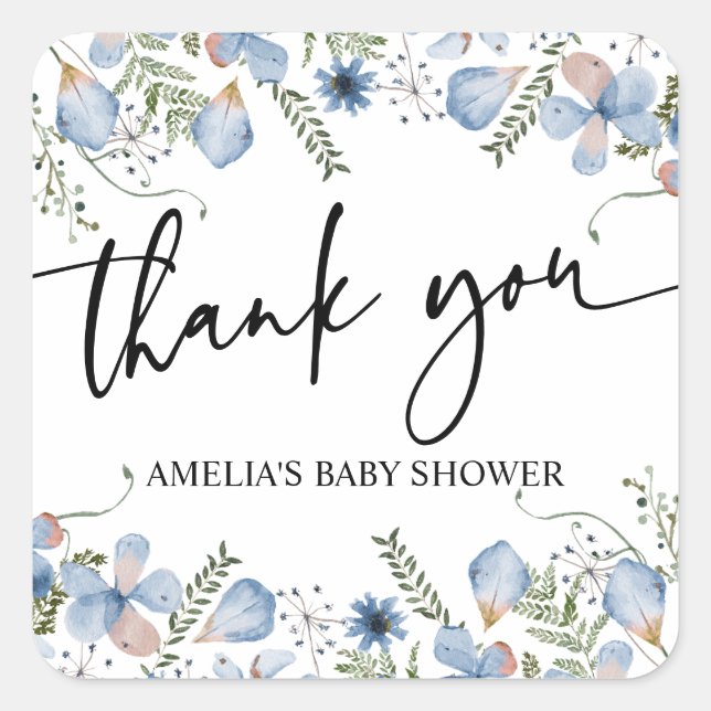 Dusty Blue Wildflowers Baby Shower Thank You Square Sticker (Front)
