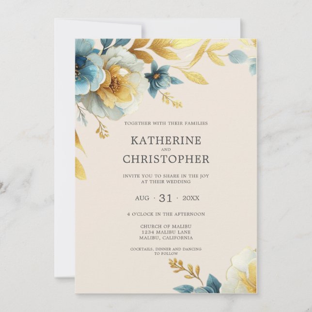 Dusty Blue Wildflowers Beige Elegant Wedding Invitation (Front)