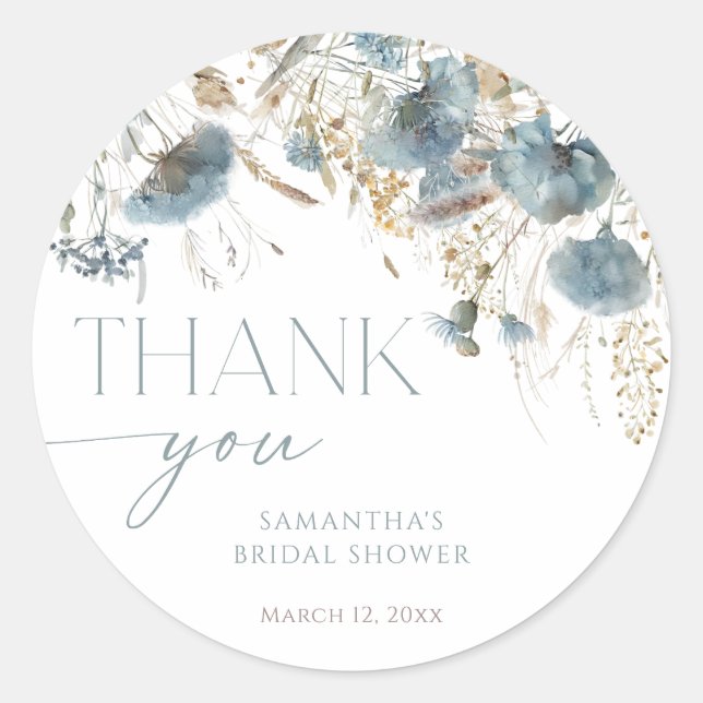 Dusty blue wildflowers boho bridal shower stickers (Front)