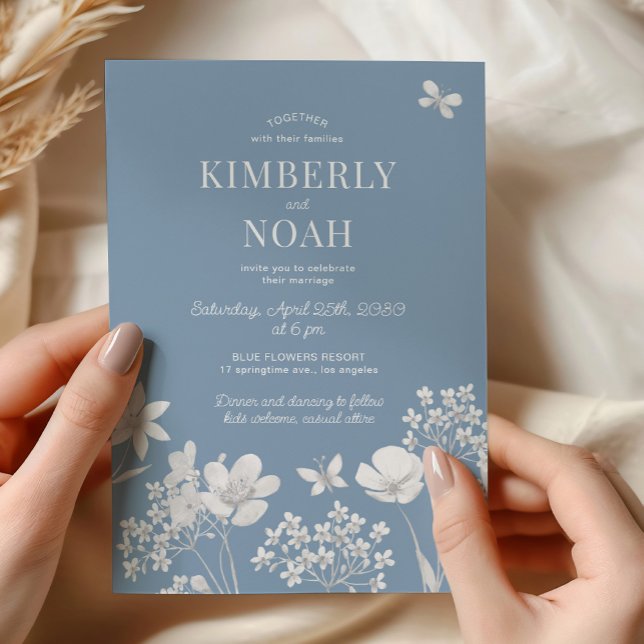 Dusty blue wildflowers boho wedding invitation (Creator Uploaded)