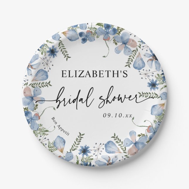 Dusty Blue Wildflowers Bridal Shower Paper Plates  (Front)