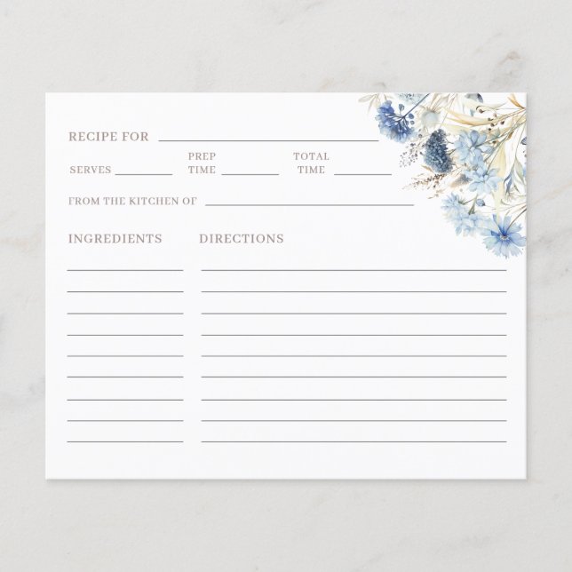 DUSTY Blue Wildflowers Bridal Shower Recipe Card (Front)