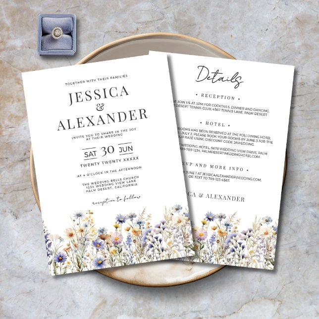 Dusty Blue Wildflowers Elegant All In One Wedding Invitation (Dusty Blue Wildflowers Elegant All In One Wedding Invitation with Details on the Back.)