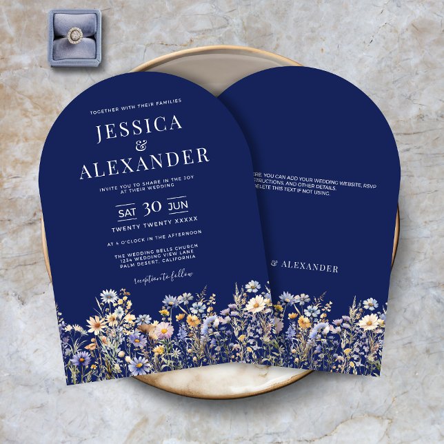 Dusty Blue Wildflowers Elegant Arch Navy Wedding Invitation (Dusty Blue Wildflowers Elegant Arch Navy Wedding Invitation with Optional Info on Back.)
