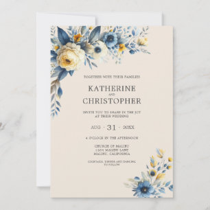 Dusty Blue Wildflowers Elegant Beige Wedding Invitation