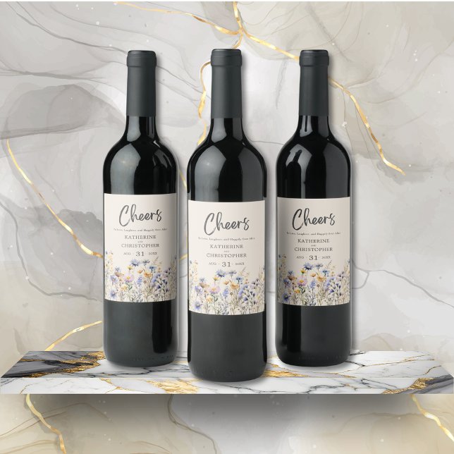Dusty Blue Wildflowers Elegant Cheers Wedding Wine Label (BOHO Wildflowers Cheers Wedding Wine Bottle Label with blue & yellow flowers, wedding details.)
