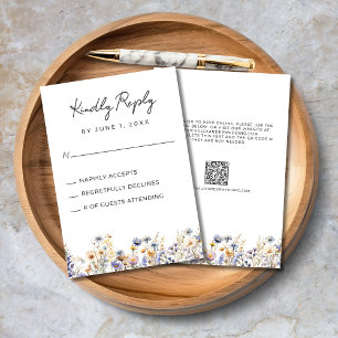 Dusty Blue Wildflowers Elegant QR Code Wedding RSVP Card