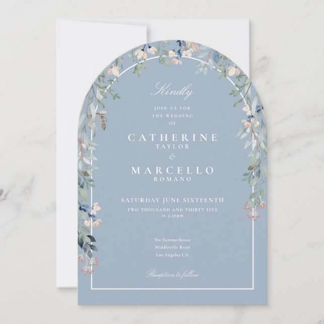 Dusty Blue Wildflowers Floral Arch QR Code Wedding Invitation (Front)