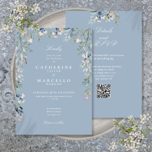 Dusty Blue Wildflowers Floral QR Code Wedding Invitation