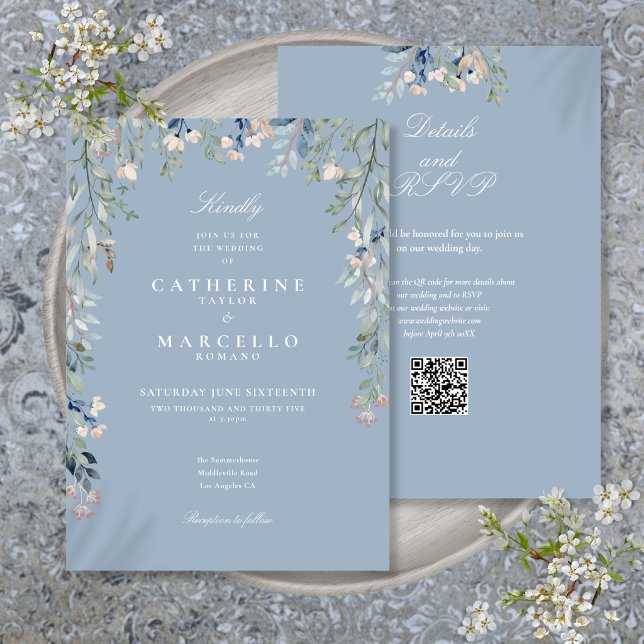 Dusty Blue Wildflowers Floral QR Code Wedding Invitation (Dusty Blue Wildflowers Floral QR Code Wedding Invitation)