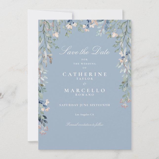 Dusty Blue Wildflowers Floral Wedding Save The Date (Front)