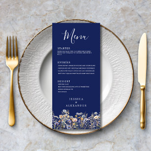 Dusty Blue Wildflowers Formal Elegant Navy Wedding Menu