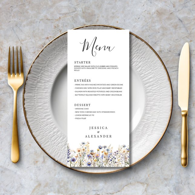 Dusty Blue Wildflowers Formal Elegant Wedding Menu (Dusty Blue Wildflowers Formal Elegant Wedding Menu with Couple Names, Wedding Date.
)