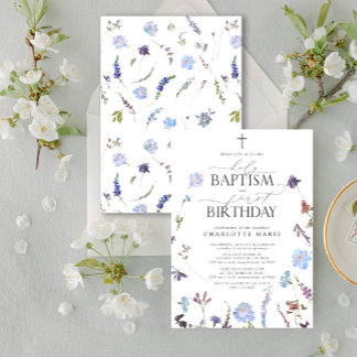 Dusty Blue Wildflowers Holy Baptism & 1st Birthday Invitation