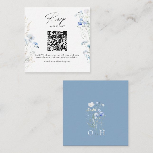 Dusty Blue Wildflowers Monogram QR Code RSVP Enclosure Card (Front/Back)