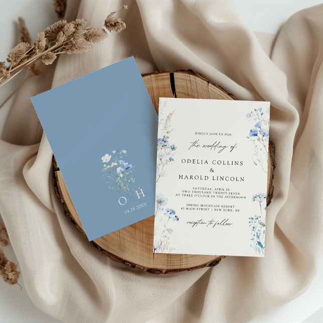 Dusty Blue Wildflowers Monogram Wedding  Invitation (Creator Uploaded)