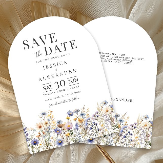 Dusty Blue Wildflowers Wedding Arch Save the Date Invitation (Dusty Blue Watercolor Wildflower Wedding Arch Save the Date, White Background, Optional Text on Back)