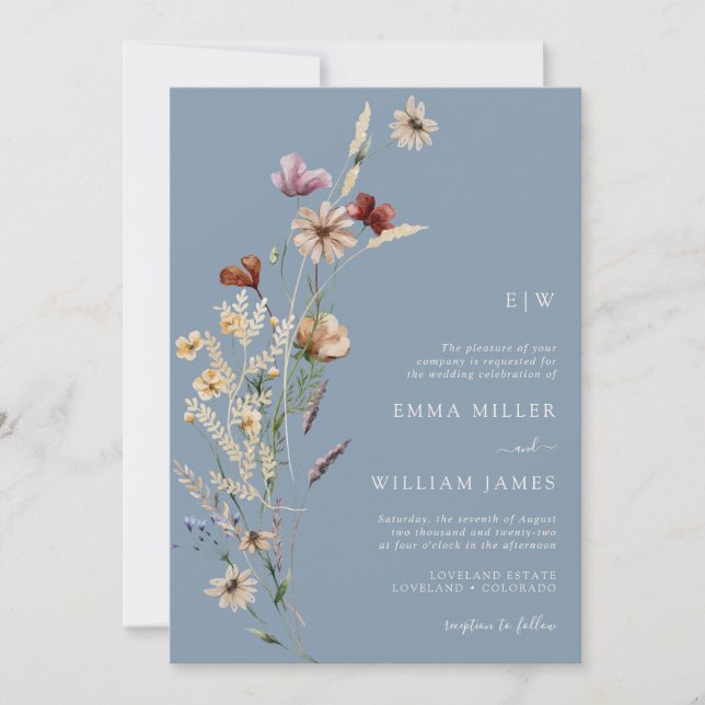 Dusty Blue Wildflowers Wedding Invitation (Front)