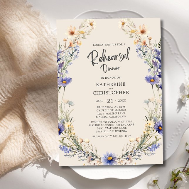 Dusty Blue Wildflowers Wedding Rehearsal Dinner Invitation (BOHO Wildflowers Wedding Rehearsal Dinner Invitation with blue & yellow watercolor flowers.)