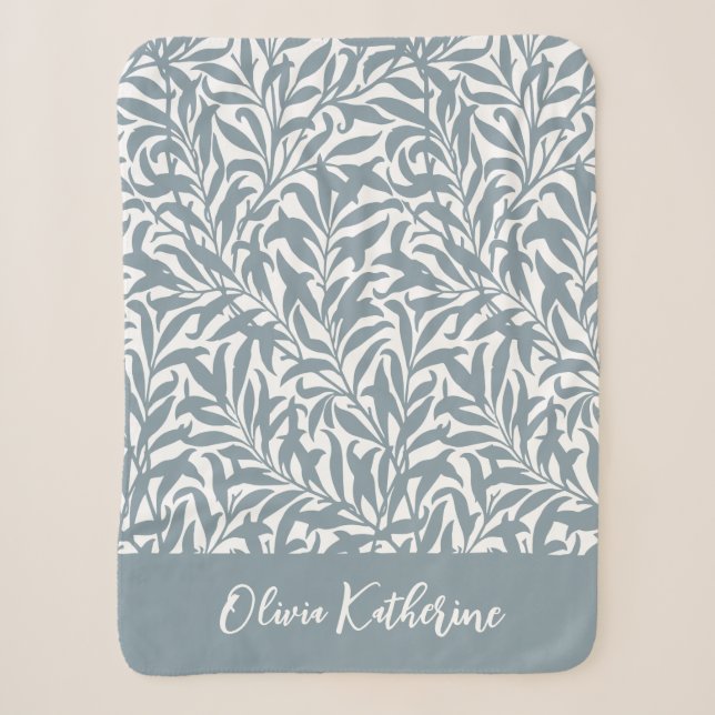 Dusty Blue Willow Bough Monogrammed Sherpa Blanket (Front)