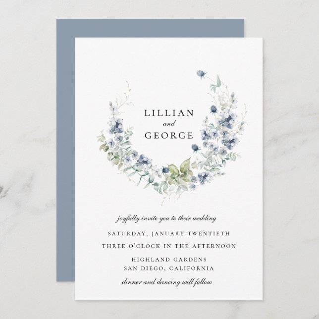 Dusty Blue Winter Botanical Wreath Wedding Invitation (Front/Back)