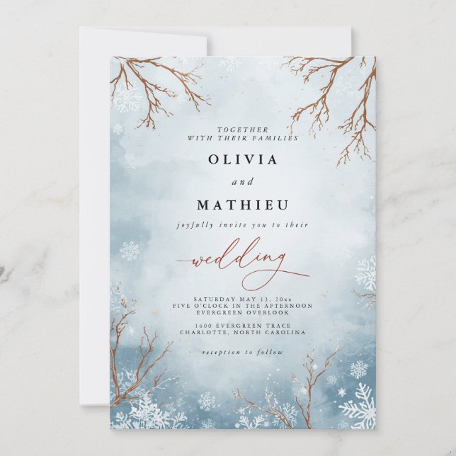 Dusty Blue Winter Branch Floral Wedding Invitation (Front)