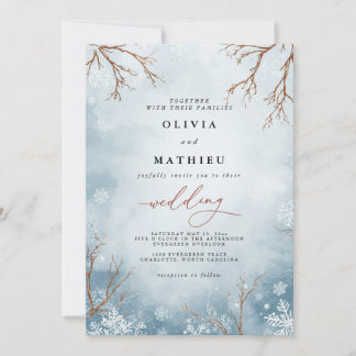 Dusty Blue Winter Branch Floral Wedding Invitation