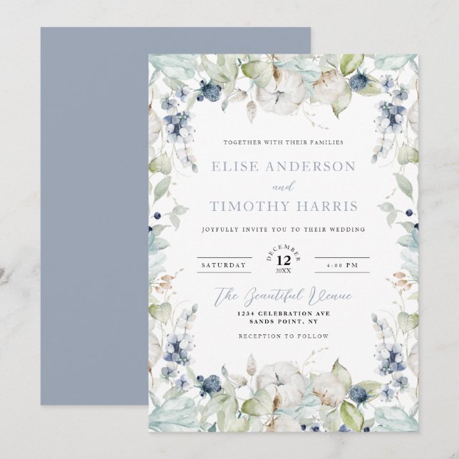 Dusty Blue Winter Floral Frame Wedding Invitation (Front/Back)