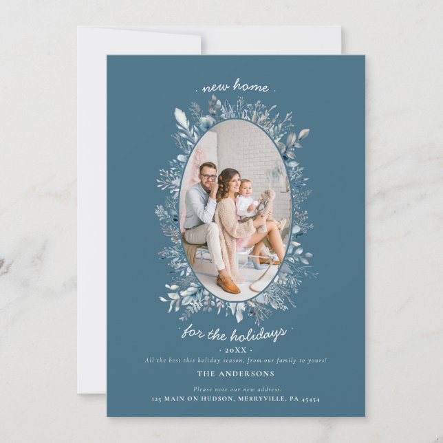 Dusty Blue Winter Foliage New Home Family Photo Holiday Card (Front)
