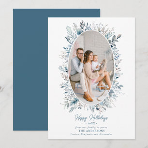 Dusty Blue Winter Foliage Wreath Family Photo Chic Holiday Card