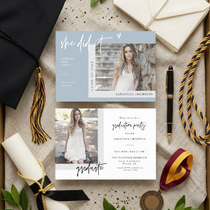 Dusty Blue Winter Modern She Did It Grad Photo Invitation