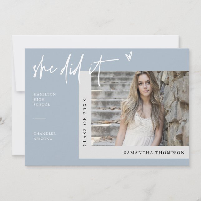 Dusty Blue Winter Modern She Did It Grad Photo Invitation (Front)