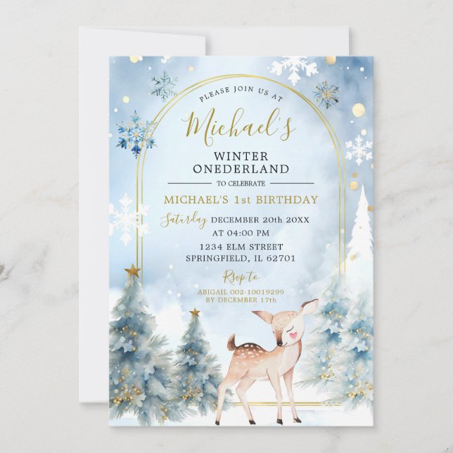 Dusty Blue Winter ONEderland Forest 1st Birthday Invitation (Front)