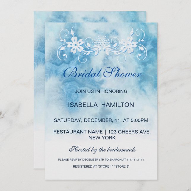 Dusty Blue Winter Script Calligraphy Bridal Shower Invitation (Front/Back)